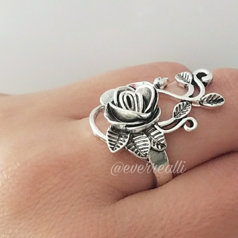 Antique Silver tone Rose Flower Vine Ring - Picture 2 of 3
